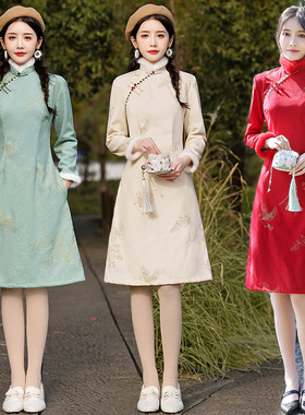 chinese traditional cheongsam dress chipao旗袍裙秋冬新款绣花