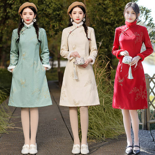 chinese traditional cheongsam dress chipao旗袍裙秋冬新款绣花