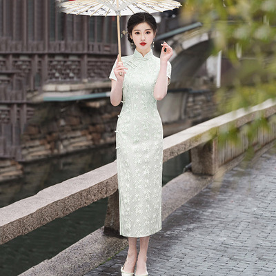 cheongsam chinese traditional qipao dress旗袍绿色蕾丝八扣