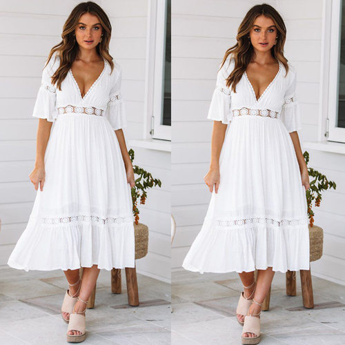 women dress new dresses vestidos robe现货欧美时尚深v花边拼接