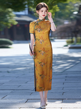cheongsam chinese qipao dress旗袍2025黄色醋酸双层长款优雅