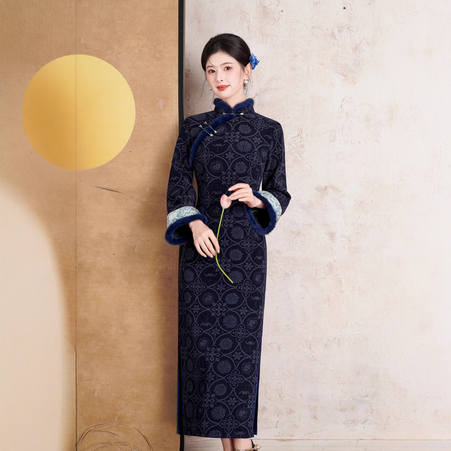 Winter Cheongsam Chinese Traditional Dress Qipao旗袍蓝色花纹