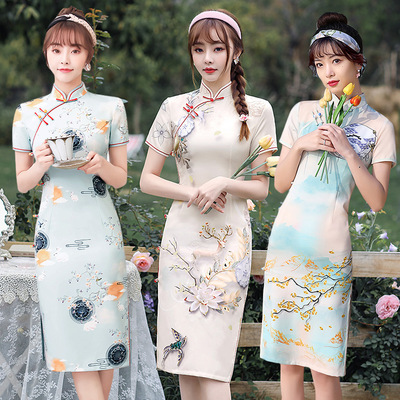Cheongsam Chinese Qipao Dress旗袍四面弹定位花单层日常旗袍