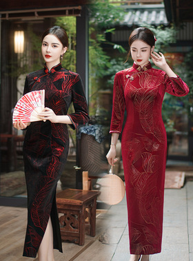 cheongsam long qipao dress chipao2025秋冬新款丝绒旗袍大码长