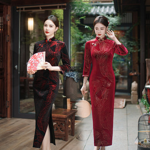 cheongsam long qipao dress chipao2025秋冬新款丝绒旗袍大码长