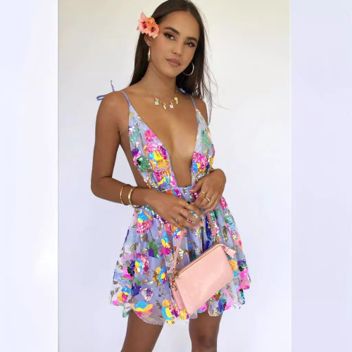 women dress new dresses vestidos robe外贸热卖性感深v露背亮片
