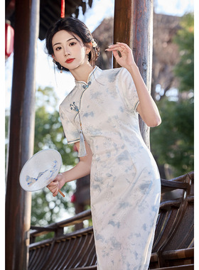 旗袍cheongsam chinese traditional qipao dress新中式蓝色旗袍