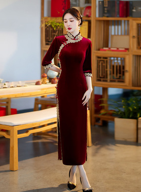 qipao cheongsam women vestidos chinese dresses旗袍红色丝绒