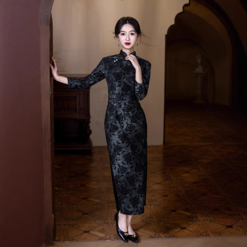 Long Cheongsam Chinese Qipao dress旗袍网红款2025秋冬新款