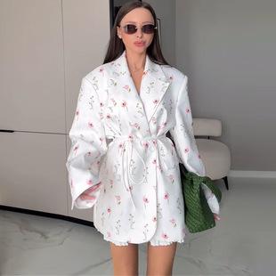 Women Loose Coat stylish Print Collar Flowers Fashion Suit