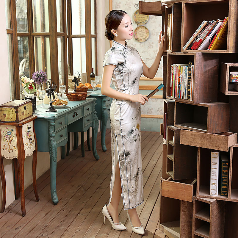Cheongsam Qipao Dress Chipao真丝复古经典蚕丝喷绘弹力缎修身