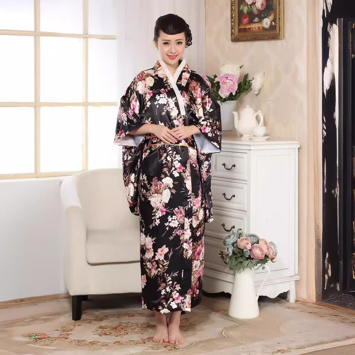 Satin Wedding Robe Floral Bathrobe Kimono Robe Night