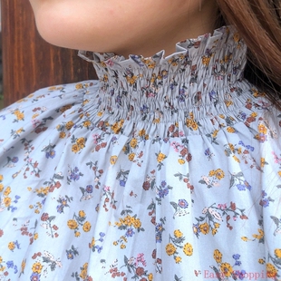 抽褶皱衬衫 女式田园碎花小清新高领花长袖衬衫t恤Chinese Cotton