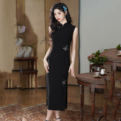 cheongsam chinese traditional qipao dress旗袍刺绣蝴蝶黑色