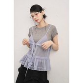 新品 2025夏季 设计感 T恤上衣两件套V领吊带上衣套装 AXIA木耳边短袖