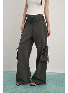 AXIA工装休闲裤女秋冬双腰头假两件坠感大口袋系带长裤子美式复古