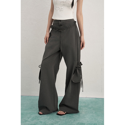 AXIA工装休闲裤女秋冬双腰头假两件坠感大口袋系带长裤子美式复古