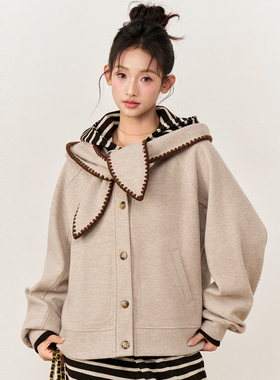 AXIA 兔耳朵连帽杏色外套女秋冬法式复古学院风短款宽松纽扣上衣