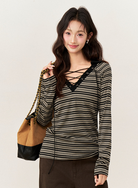AXIA 复古莱赛尔条纹V领绑带套头针织衫女合身内搭打底衫上衣