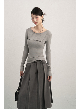 AXIA长袖T恤女圆领假两件打底衫法式气质内搭修身百搭秋冬季上衣
