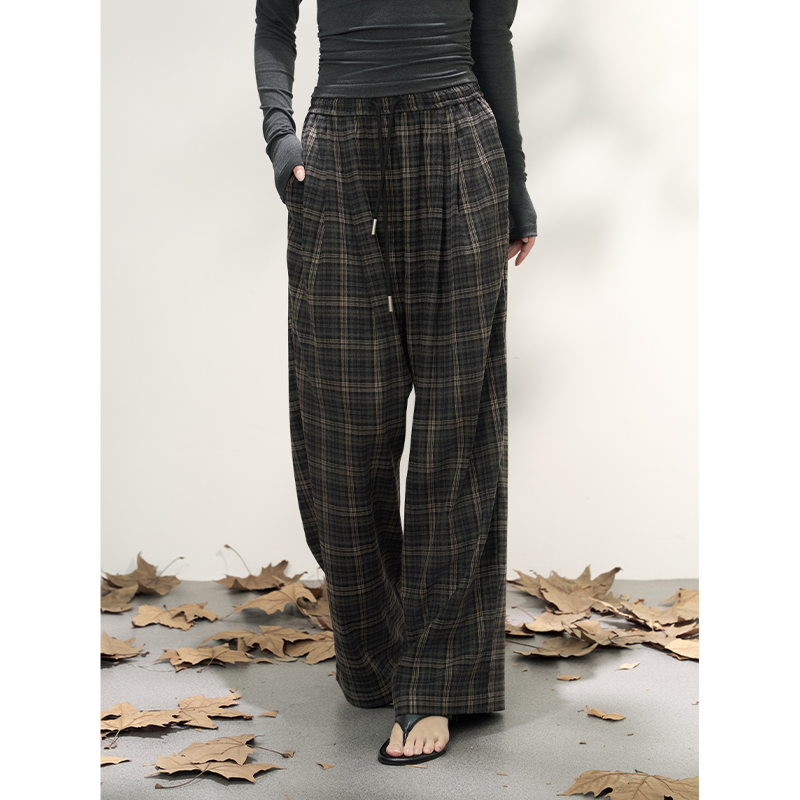 AXIA 复古格子休闲裤女秋冬长裤中高腰慵懒风显瘦百搭阔腿宽松