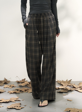 AXIA 复古格子休闲裤女秋冬长裤中高腰慵懒风显瘦百搭阔腿宽松