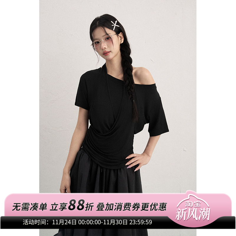 AXIA斜肩不规则设计感半袖T恤假两件女早秋宽松百搭上衣原创设计