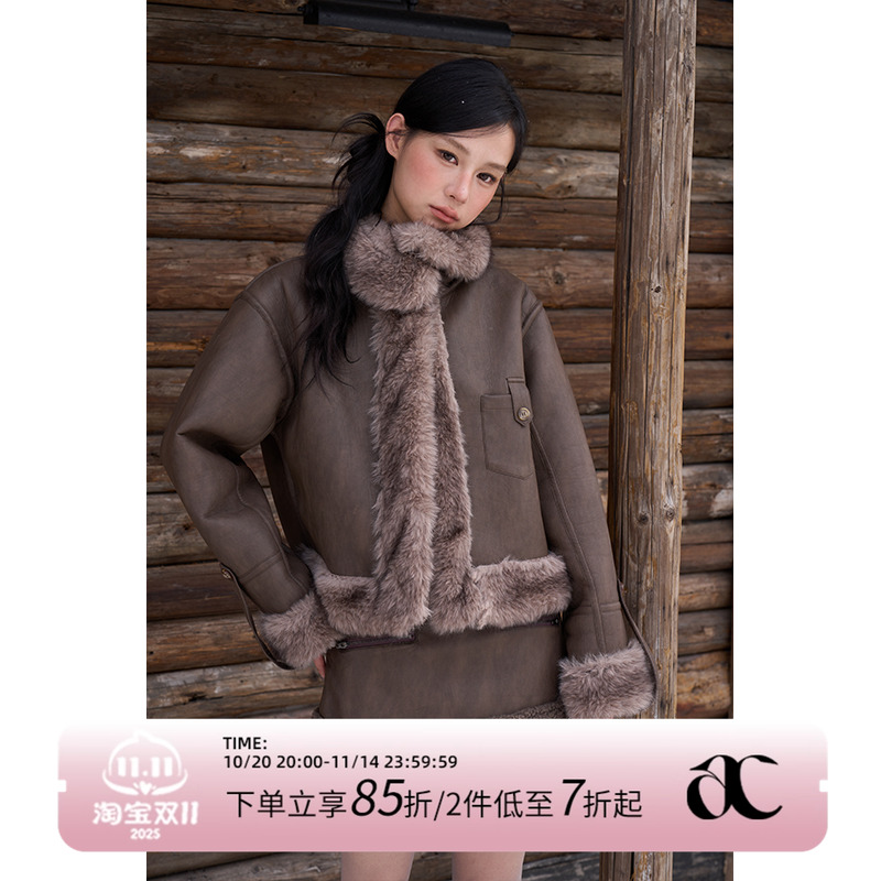 AXIA 翻领复古短款皮衣外套女冬季加厚套装半身A字短裙子两件套