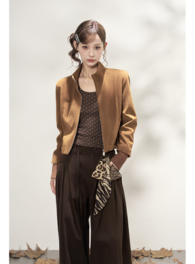 AXIA美式立领棕色短外套女秋冬都市利落感夹克上衣高级感甜酷风