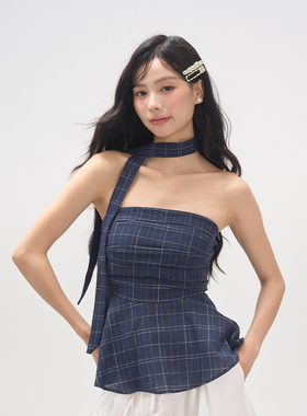 AXIA蓝色格子抹胸美背吊带背心女夏季复古休闲2025外穿打底上衣