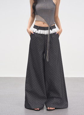 AXIA阔腿裤女夏季薄款蕾丝花边波点2025新款高腰宽松直筒拖地裤子