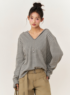 AXIA V领慵懒风连帽长袖条纹T恤女秋冬高级感宽松显瘦撞色上衣