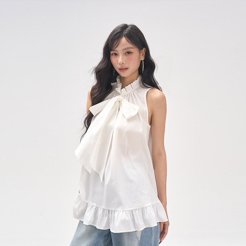 AXIA蝴蝶结无袖衬衫上衣荷叶边立领纯色花边背心夏季薄款百搭休闲