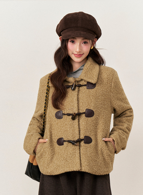 AXIA 牛角扣环保羊羔毛外套女秋冬新款卡其色宽松短款夹克上衣
