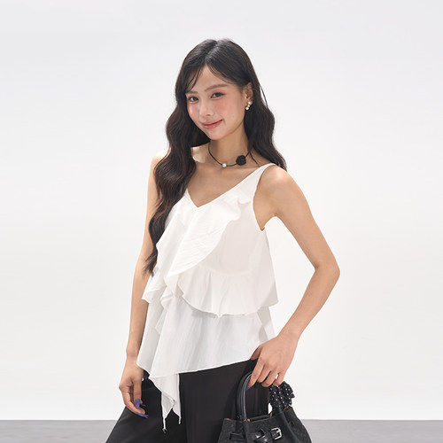 AXIA无袖吊带背心女外穿不规则夏季新款洋气甜美减龄荷叶V领上衣