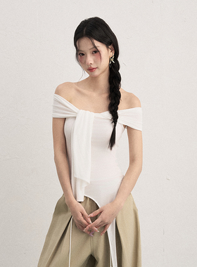 AXIA清纯系一字领小心机女斜肩短袖T恤不规则设计感绑带显瘦上衣