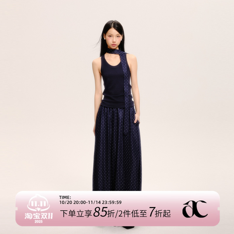 AXIA波点吊带连衣裙女夏季高级感遮胯显瘦A字大摆长裙子法式复古