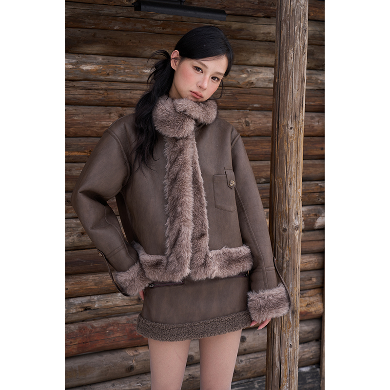 AXIA 翻领复古短款皮衣外套女冬季加厚套装半身A字短裙子两件套