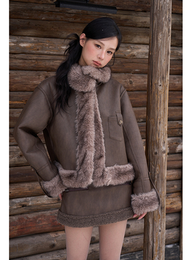 AXIA 翻领复古短款皮衣外套女冬季加厚套装半身A字短裙子两件套