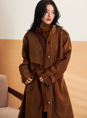 AXIA美拉德穿搭复古灯芯绒长款大衣女秋冬高级松弛感保暖毛呢外套