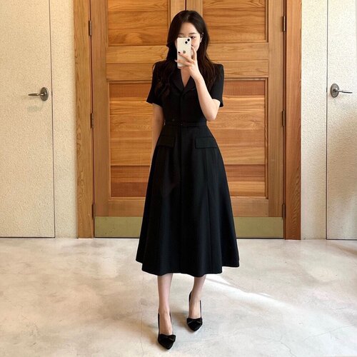 不退换 韩国Bau代购  优雅气质高贵显瘦短袖连衣裙