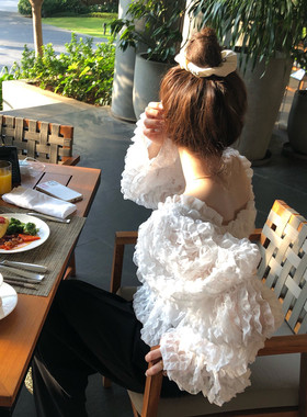 2024春季超仙泡泡袖方领雪纺衬衫女别致设计感小众甜美蕾丝小上衣