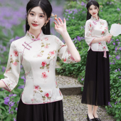 唐装 旗袍印花新中式 两件套养生馆广场舞采耳女士上衣 新款 2026夏季