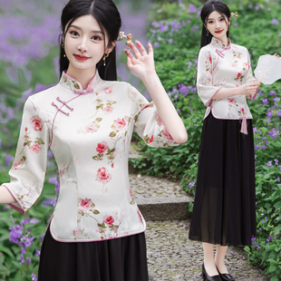 唐装 旗袍印花新中式 两件套养生馆广场舞采耳女士上衣 新款 2026夏季