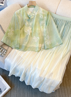 2026日常款新中式改良旗袍两件套装夏季清新绿色宽松型大袖口茶服