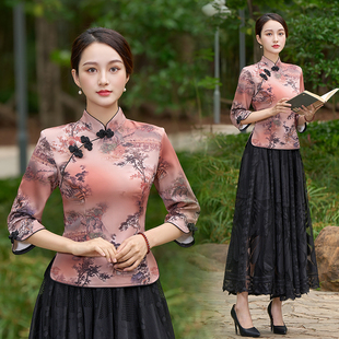 中袖 中老年女装 妈妈唐装 上衣洋气旗袍式 采耳广场舞表演服 春夏款