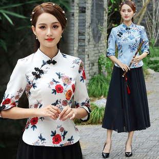 采耳养生馆女上衣 改良印花民国风复古汉服旗袍两件套中袖 新款 修身