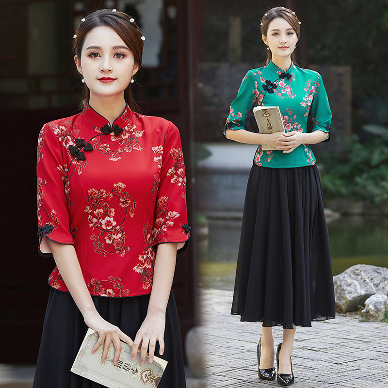 春夏季七分袖立领花色旗袍两件套女上衣民国风汉服茶艺养生馆服装,女装/女士精品,上衣,淘宝优惠券,粉丝福利购,淘宝优惠卷