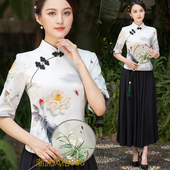 女上衣中国民族风中式 祺袍两件套新款 改良立领复古套装 汉服表演服