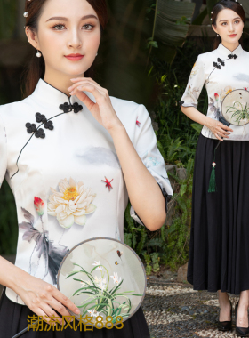 祺袍两件套新款改良立领复古套装女上衣中国民族风中式汉服表演服